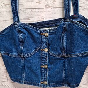 Kacey Lee Blue Denim Corset Top Button Front Straps Solid Women's XL mislabeled